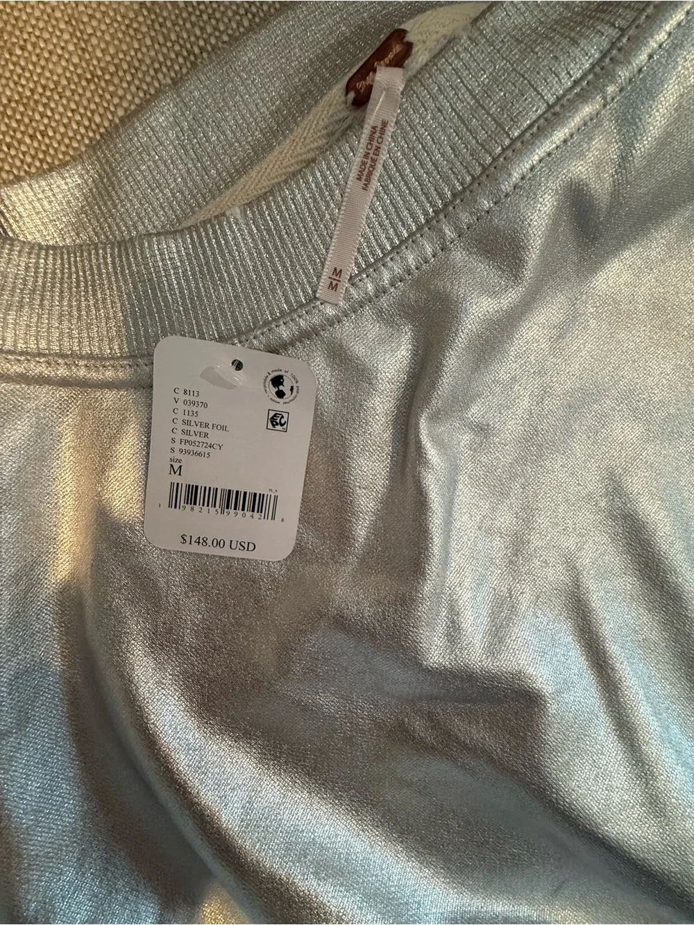 Free People Silver Metallic Oversized Pullover Sweatshirt (NWT)